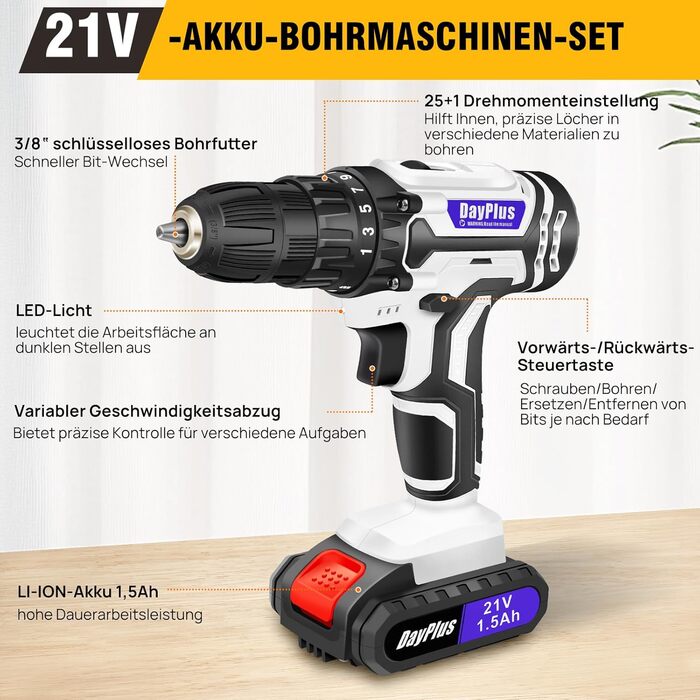 Акумуляторний шуруповерт 21V Set, білий: комплект з акумулятором 1.5Ah, швидкою зарядкою, 45Nm, 25+1 ступенів, LED-ліхтик, 26 предметів аксесуарів для ремонту та DIY