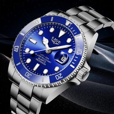 Годинник LIGE чоловічий, аналоговий кварцовий годинник з нержавіючої сталі, 3ATM (30м) водостійкий, з календарем та світловим покриттям, для бізнесу та відпочинку (блакитний)