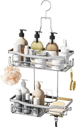 HapiRm Shower Shelf to Hang with Razor Holder & Soap Holder - Hanging Shower Shelf with Multiple Hooks - High-Quality Hanging Shower Shelf Stainless Steel No Drilling-Silver