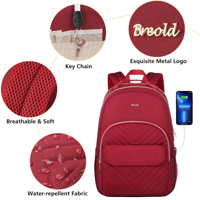 Жіночий рюкзак для ноутбука 17.3 дюйма, шкільний рюкзак для дівчат-підлітків, для навчання, роботи та офісу, для студентів та вчителів, колір: винний