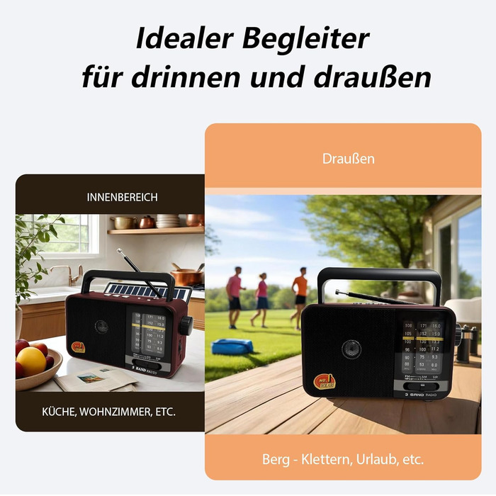 Портативна радіоприймач Klein з сонячною панеллю та акумулятором 1200mAh, AM/FM/SW, 8W динамік, TWS, USB/TF, для кемпінгу, надзвичайних ситуацій та відпочинку на природі (Сірий/Червоний)