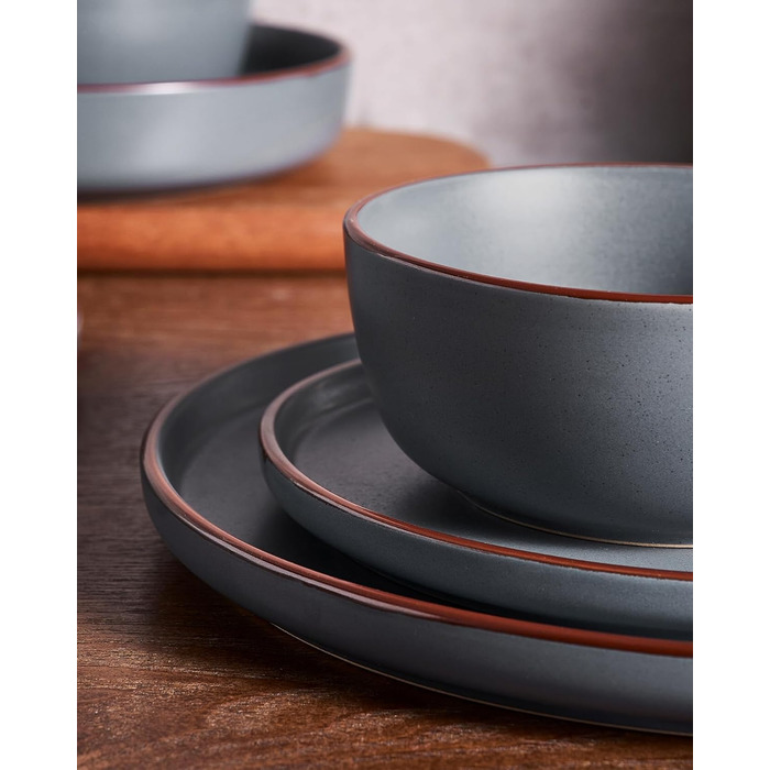 Набір посуду Mercury, 12 предметів: тарілки, супові миски, десертні тарілки, для 4 осіб, з каменю, мікрохвильова піч та посудомийна машина, сірий колір