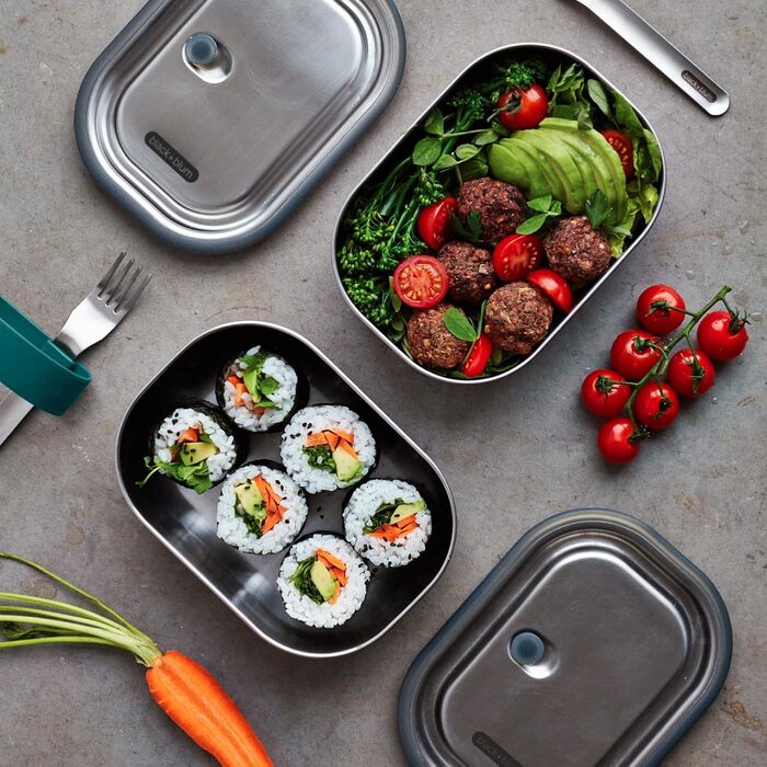 Ланчбокс BLACK+BLUM з нержавіючої сталі 600 мл, 3-в-1, вакуумний, герметичний, з гофелем, силіконовою стрічкою та роздільником, підходить для духовки та морозильної камери, 20x14x6 см, бокс для їжі з відсіками, синій