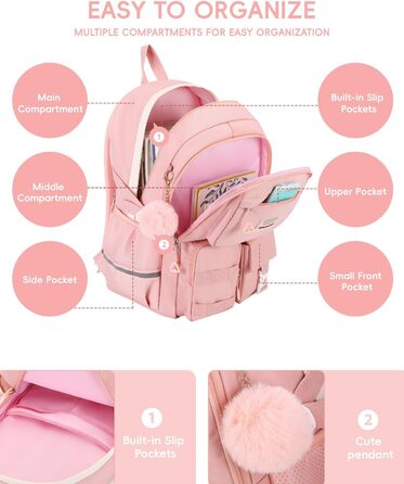 Рожевий шкільний рюкзак для дівчаток Tanou, 9-16 років, великий, водонепроникний, з брелоком