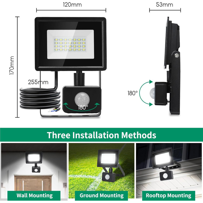 Aigostar 20W LED Floodlight with Motion Sensor Outdoor, 1650LM 6500K Cool White Outdoor Floodlight, IP65 Waterproof Spotlight, Outdoor Light for Garden, Courtyards, Garage, Hotel, 2PC (20W)