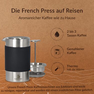 Handpresso - Travel Press with Bag | 0.35 Liters (2-3 Cups) | French Press Stainless Steel | Double-Walled Insulated Coffee Press | Thermo French Press Small for Camping or Travel