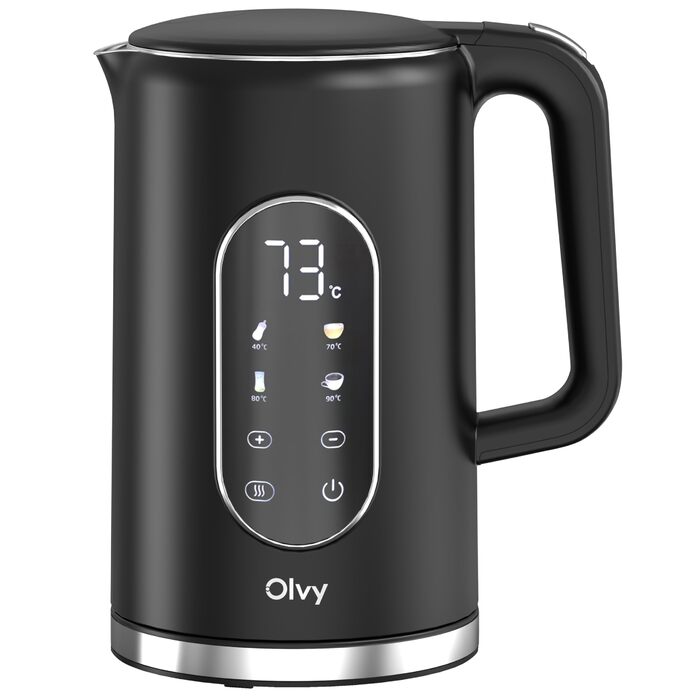 Електричний чайник Olvy 1,7л з регулюванням температури, функцією підігріву та подвійними стінками з нержавіючої сталі, чорний