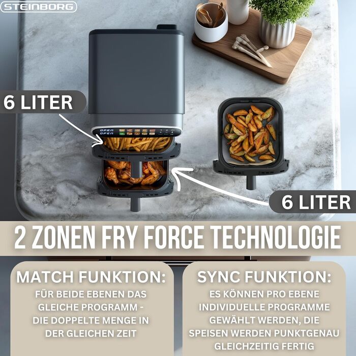 Фритюрниця Steinborg® Heißluft XXL 12 літрів з подвійною камерою, 6+6 літрів, для смаження, запікання, сушіння та грилю без олії