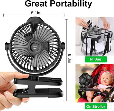 Портативний міні-вентилятор Minthouz з кліпсою, 8000mAh, 5 швидкостей, тихий, для дому, офісу, кемпінгу, дитячої коляски
