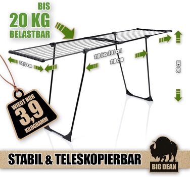 Розсувна сушарка для білизни BigDean 200 XXL, телескопічна сушарка з довжиною 20м та затискачами для дрібних речей, чорна, посилена