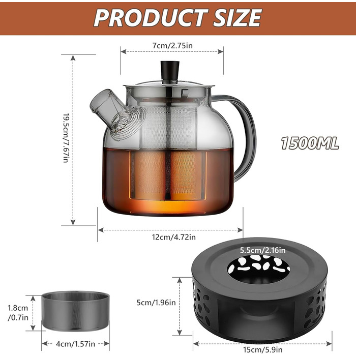 Скляний чайник з ситечком та підставкою для підігріву, 1500 мл, з боросилікатного скла, для листового чаю та чайних пакетів, чорний