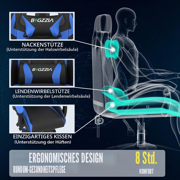 Ігрове крісло Bigzzia Gaming Stuhl з підігрівом, регульована спинка 90-135°, ергономічний геймерський стілець (Синій)