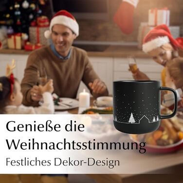 Набір з 4 чашок MIAMIO для святкування Різдва, 500 мл, чорний колір / Кавові чашки на Різдво, мінімалістичний зимовий мотив, подарунок на Різдво, безпечні для миття в посудомийній машині та використання в мікрохвильовій печі – Vinter Collection
