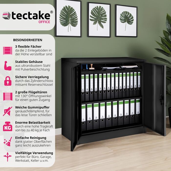 Металевий офісний шафа Tectake з замком, 3 полиці, 90x40x90 см, чорний