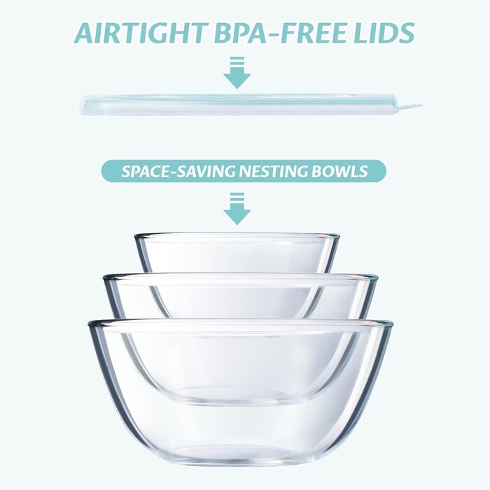 Luvan Glas Mixing Bowls with Lids 3-Piece Set (4.2 L, 2.5 L, 1 L), Large Round Salad Bowls for the Kitchen, ideal for Storing Food, Cooking, Baking, Preparing, Dishwasher Safe