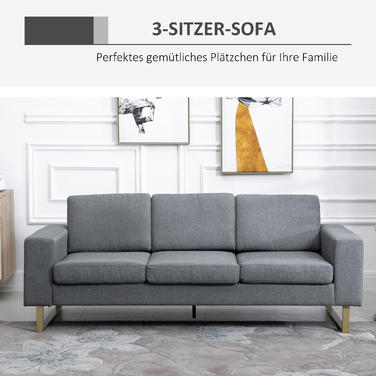 HOMCOM 3-Seater Upholstered Sofa, Fabric Sofa, Living Furniture, TV Chair, Cushions, Armrests, Linen, Dark Grey, 200 x 82 x 78 cm | Aosom