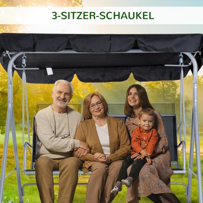 Шезлонг Outsunny Голлівудський на 3 особи - елегантна садова гойдалка з дахом, металевий каркас, чорно-срібний колір, 171x108x154 см, ідеально підходить для саду та тераси.