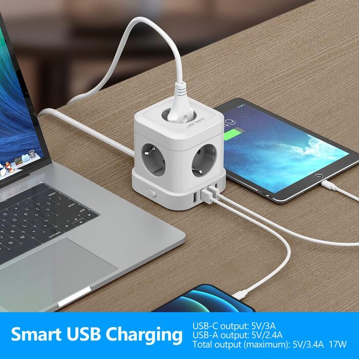 Сетевой фильтр JSVER Cube 5-портовый с USB, кубический сетевой фильтр (3680W 16A) с 4 USB-зарядками (17W), для столу, офиса, дома или в поездку, 2м кабель, белый