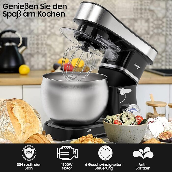 Кухонна машина з чашею 6л з нержавіючої сталі, міксер для тіста з Flexi-мішалкою, гаком для тіста та вінчиком, 6 швидкостей, 1500 Вт