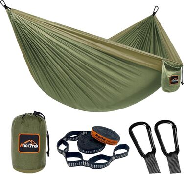 AnorTrek Camping Hammock, super-light portable parachute hammock with two tree straps, single or double nylon tree hammock, Blue & Dark Blue (Army Green & Khaki, 300 x 200 cm)