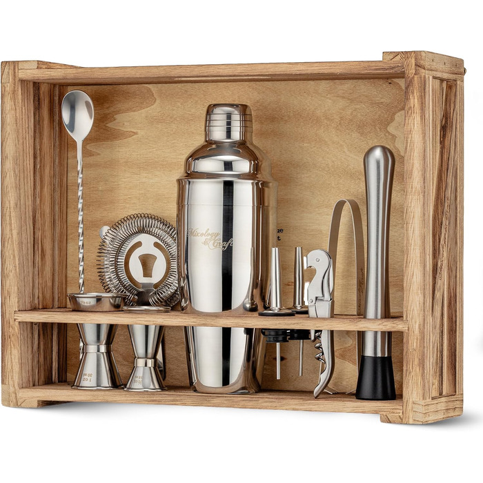 Набір для приготування коктейлів Mixology & Craft Cocktail Shaker Set 11-tlg. - Набір для бармена з нержавіючої сталі з аксесуарами (чорний, коричневий, дерево)
