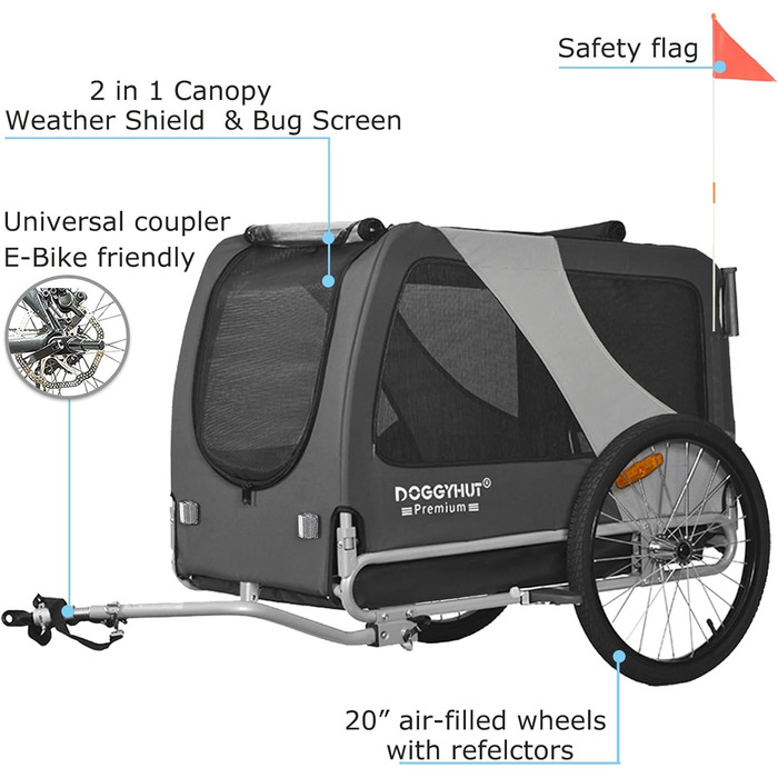 DOGGYHUT® Преміум XL 2в1 велопричіп та візок для собак 23-45 кг, сірої
