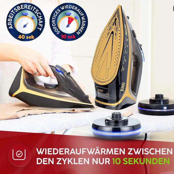 Пароочисник MPM MZE-26 бездротовий з керамічною підошвою, 2600 Вт - Anti-Drip, Self-Clean, LED-дисплей, 2 режими, з/без кабелю