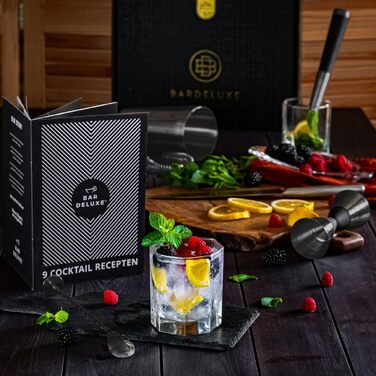 Набір для коктейлів BarDeluxe® Boston Shaker 5 предметів, професійний набір бармена з шейкером 750мл, нержавіюча сталь, сумка та книга рецептів (Чорний)