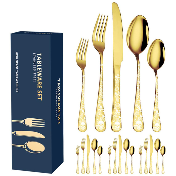 Набір столових приборів Xiaoyu Готичний (20 шт) з черепами та квітковим малюнком, золотий - для Halloween