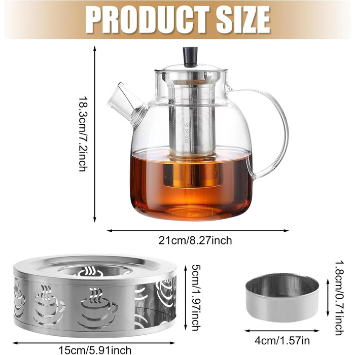 Скляний чайник для заварювання чаю 1800 мл з підставкою-підігрівачем, кришкою та ситом для листового чаю та чайних пакетів