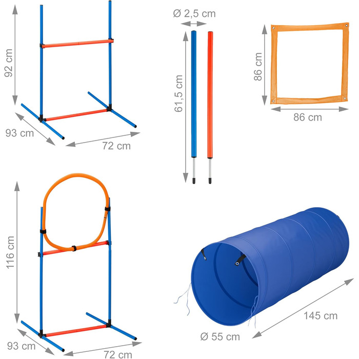 Набір для аджиліті для собак Relaxdays, 76 елементів, регульовані бар'єри, обруч, стійки для слалому, сумка, блакитний/помаранчевий