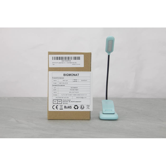 Ліхтар для читання BIGMONAT з USB зарядкою, кліпсою, 6 LED, 3 режими яскравості та колірної температури, гнучкий на 360°, синій