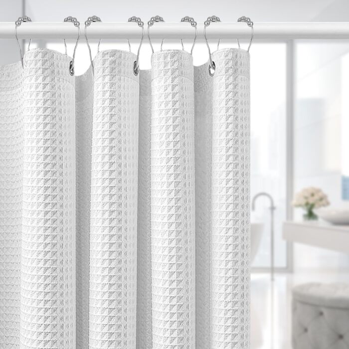 Штора для душу біла 180x180 см, вафельна, з металевими кільцями та гачками, водонепроникна, з утяжеленим краєм