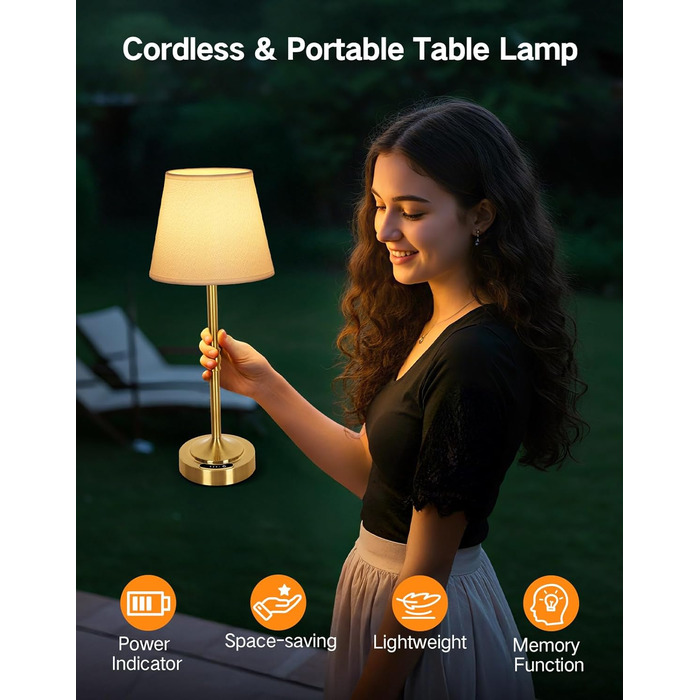 OUTON Настільна лампа 2 шт. Бездротова, диммер, 3 кольори світла, 4000mAh, USB-C, 60 годин роботи, акумуляторна, золота для спальні, вітальні, їдальні