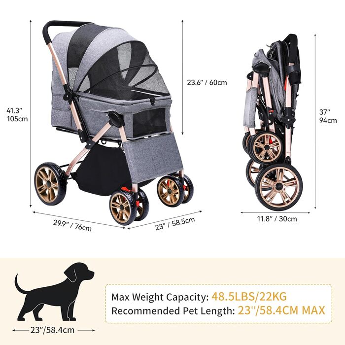 Візок для собак DWVO 3-в-1: візок, переноска, сумка. До 22 кг, EVA-колеса, сітчасті вікна, сірий (58.5x76x105cm)
