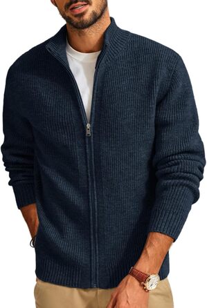 Кардиган чоловічий PJ PAUL JONES з рифленого в'язання, довгі рукави, зимова куртка, тонкий трикотаж, з коміром-стійкою та блискавкою, колір морської хвилі (S)