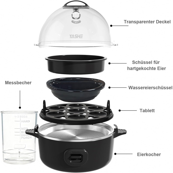 Електричний яйцеварка YASHE на 7 яєць: для твердих, середніх та м'яких яєць. З підставкою для яєць та акустичним сигналом
