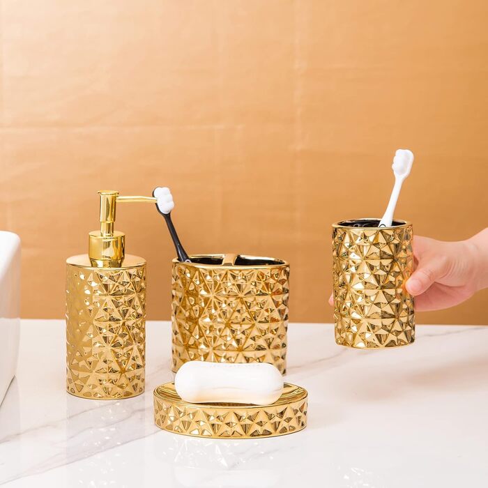 Набір аксесуарів для ванної кімнати з кераміки, золото: мильниця, тримач для зубних щіток, стаканчик та мильниця. Стильний декор для раковини, подарунок на новосілля