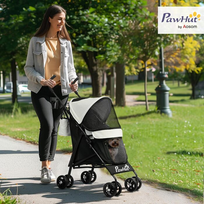 Візок для собак PawHut - блакитний, з регульованим козирком, складний, з подушкою, тримачем для чашок та кишенею для зберігання