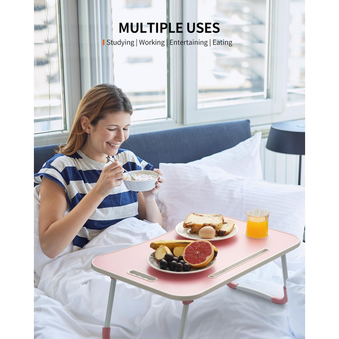 Складаний столик для ноутбука, портативний столик на колінах, приліжковий столик, підставка для ноутбука з тримачем для напоїв та слотом для планшета, рожевий