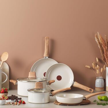 Набір посуду Tefal Cera Bright On 7 предметів: сковороди 20/24/28 см, каструля 16 см, каструля 24 см + кришки. Керамічне антипригарне покриття, алюмінієвий корпус (перероблений), індикатор нагріву Thermo Signal, для всіх типів плит, Бежево-сріблястий