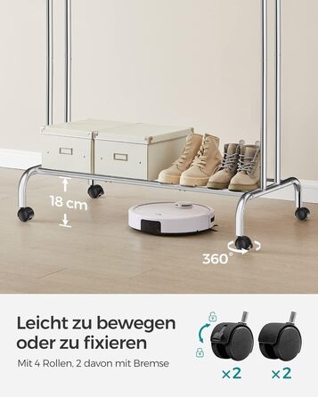 Стійка для одягу SONGMICS на колесах, 2 перекладини, срібна, до 100 кг, 103,5 см