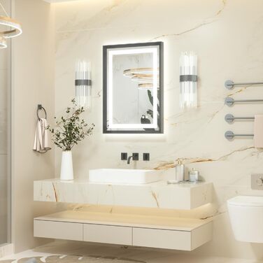 Дзеркало для ванної кімнати Keonjinn з підсвічуванням, чорний металевий каркас 50x70 см. LED-дзеркало з антизапотіванням, сенсорним вимикачем, 3 кольори світла, регулювання яскравості, функція пам'яті. Настінне дзеркало з чорним каркасом 70x50 см