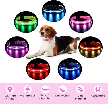 Світлодіодна нашийник для собак ASBRILL, зарядний, 7 кольорів RGB, 8 світлодіодів, регульований, водонепроникний, для маленьких, середніх та великих собак, (L, рожевий)