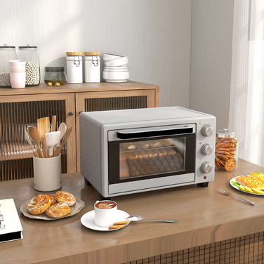 HOMCOM 21L Small Oven, 100°C-230°C, 1 Hour Timer, with 3 Cooking Modes, Wire Rack, Baking Tray, Stainless Steel, 46L x 38.5W x 29H cm, Silver | Aosom