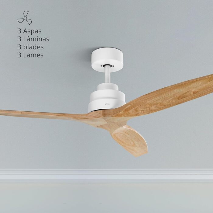 Стеляний вентилятор Ufesa 132 см, 40 Вт, 6 швидкостей, тихий, з 3 дерев'яними лопастями, функція літо-зима, таймер 8 годин, пульт, білий та світле дерево (без світла)