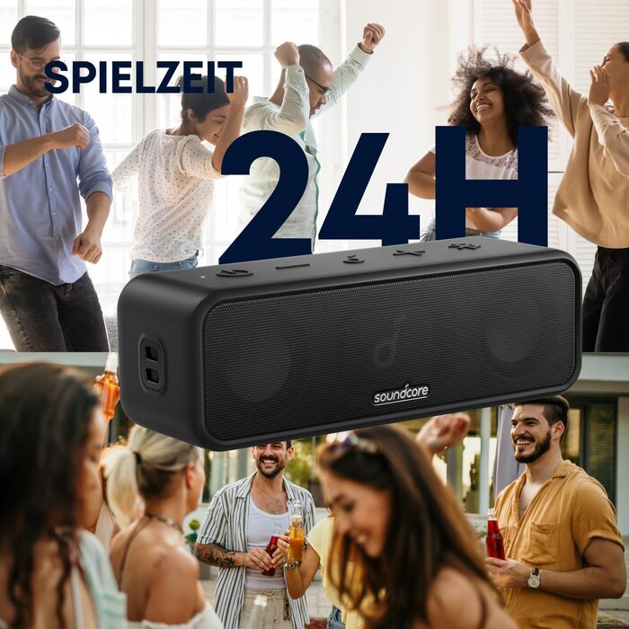 Soundcore 3 Bluetooth колонка: Стереозвук, Titan-драйвер, PartyCast, BassUp, 24 год, IPX7, EQ, чорний