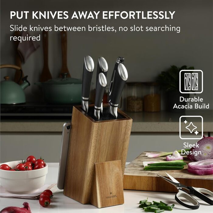 Navaris Knife Block with Smartphone and Tablet Holder - Knife Block without Knives - Multifunctional Kitchen Knife Block Made of Durable Acacia Wood - Washable Bristles