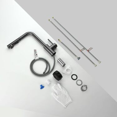 Змішувач кухонний висувний CECIPA з душем, нержавіюча сталь, 2 режими, 360° обертання, високий тиск, щіткова сталь (грашко-чорний)