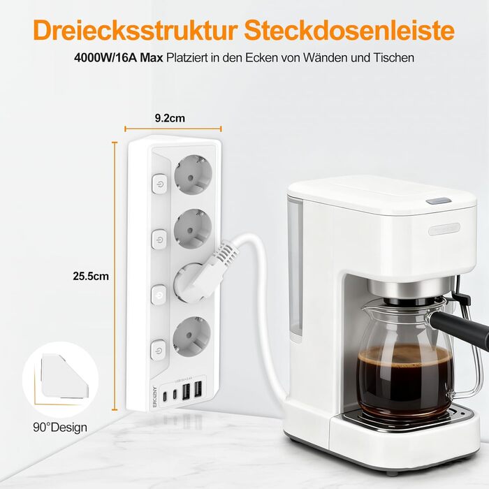 Мережева розетка з 2 USB-C (PD 20W) та 1 USB-A, трьохсекційна з вимикачем, захист від перенапруги, зручна для зберігання, розподільник для подорожей, кабель 1,5 м (кутова розетка)